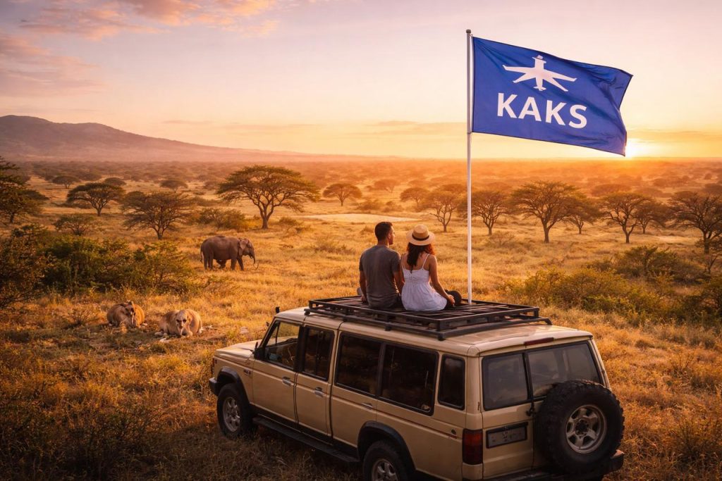 Massai Mara, Kenya Safari at sunset with Kaks Travel flag in the background