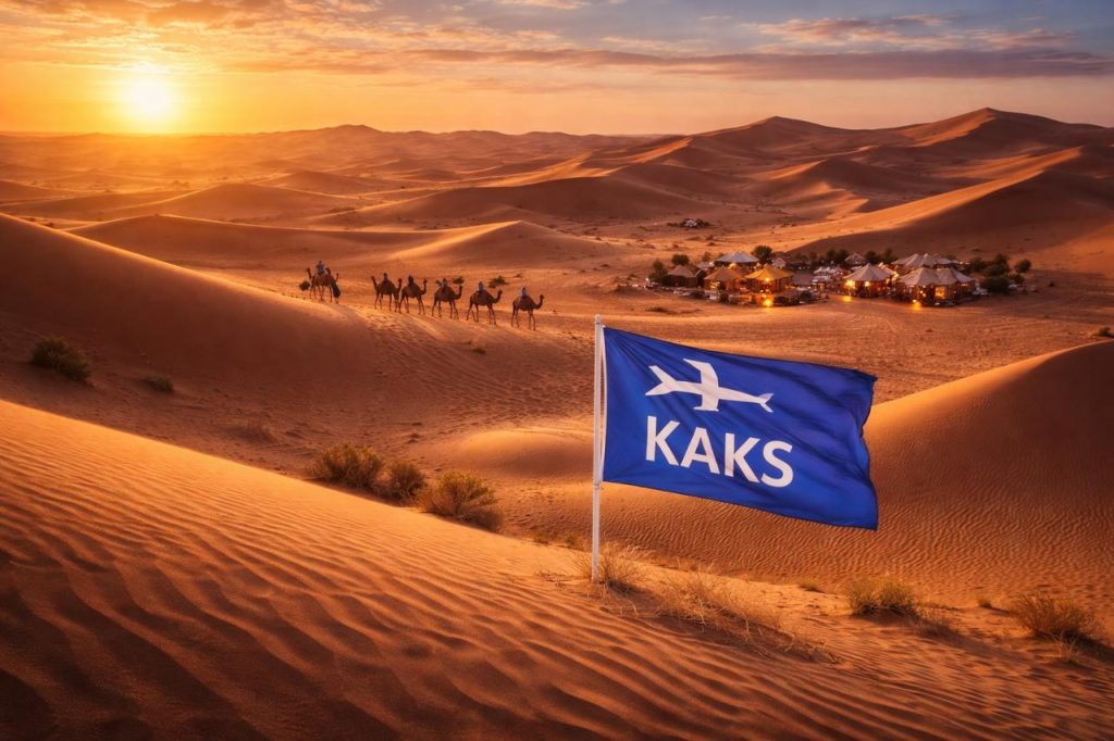 Morocco desert sunset wirth KAKS Travel flag flying over goldendunes