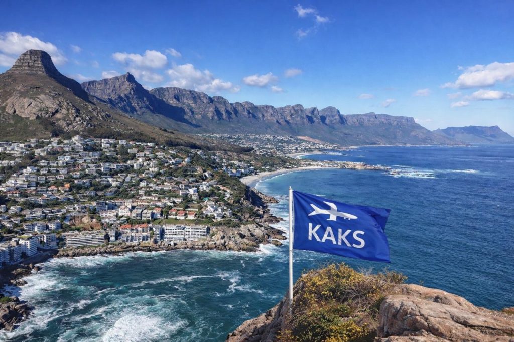 South Africa coastal city with Table Mountain and KAKS Travel flag overlooking the ocean