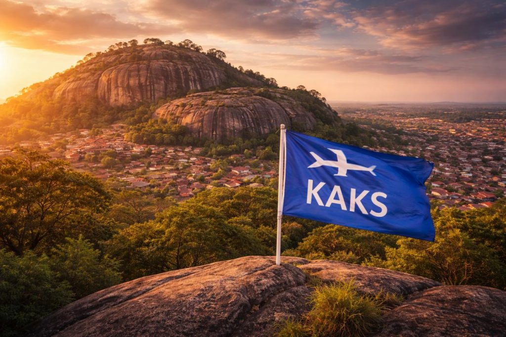 Kaks Travel flag at sunset over West Africa landscape representing cultural and heritage tour at O;umo Rock Nigeria